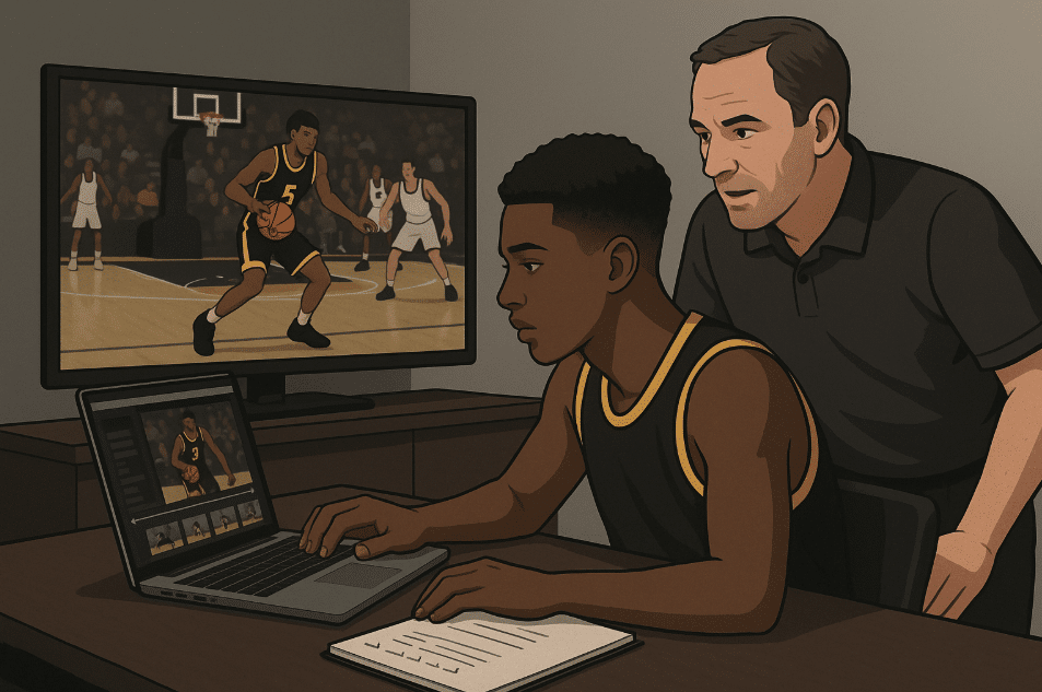 High school basketball player editing a highlight video with a coach